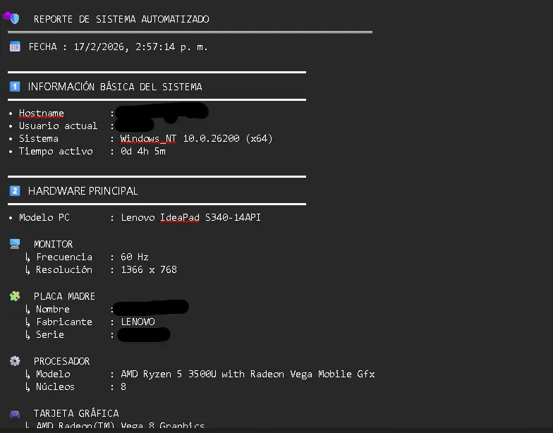 Captura de pantalla del reporte generado por el script mostrando info de sistema