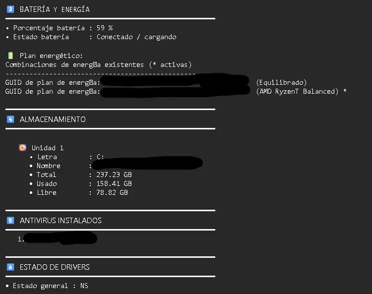 Captura de pantalla del reporte generado por el script mostrando info de sistema
