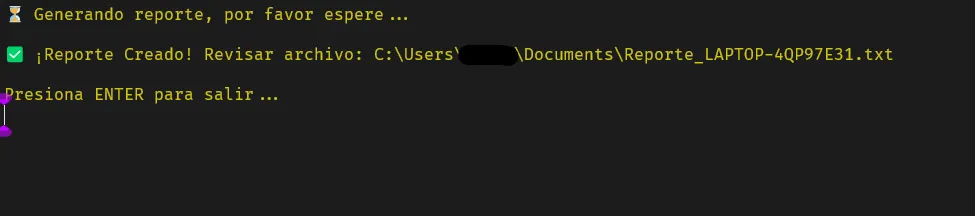 Captura de pantalla del reporte generado por el script mostrando info de sistema